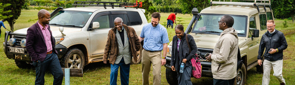 The Rev. Shauen Trump, Area Director for Eastern and Southern Africa, and Shara Osiro, LCMS missionary, greet the Rev. Josephat Barabojik, principle of Waama Bible College, on Wednesday, May 15, 2019, in Mbulu, Tanzania. On the right is the Rev. Brent Kuhlman, pastor of Trinity Lutheran Church, Murdock, Neb. LCMS Communications/Erik M. Lunsford